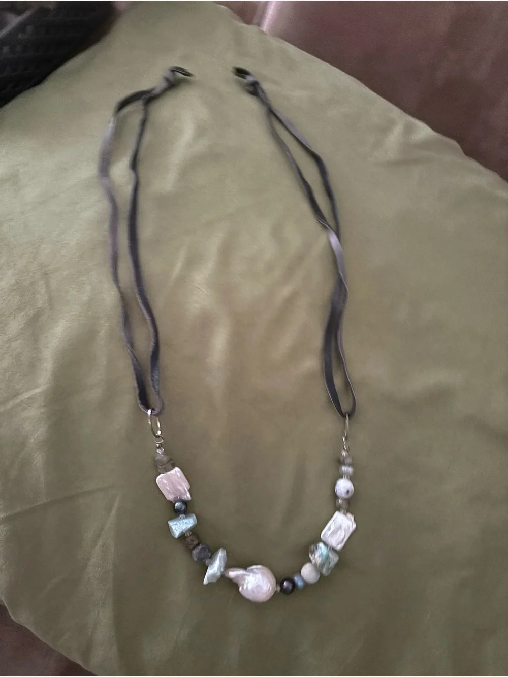 Handmade Pearl and Bead Necklace in Green and White